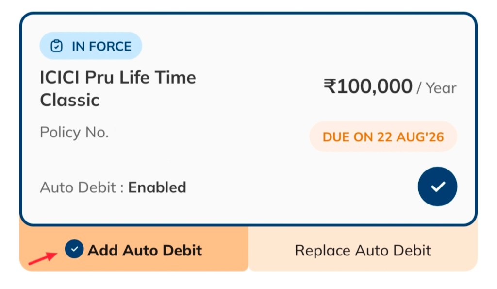 ICICI Prudential screen with a tick beside Add Auto Debit even though Auto Debit is shown as Enabled
