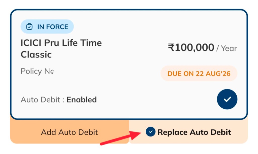 ICICI Prudential screen showing the selection changed to Replace Auto Debit